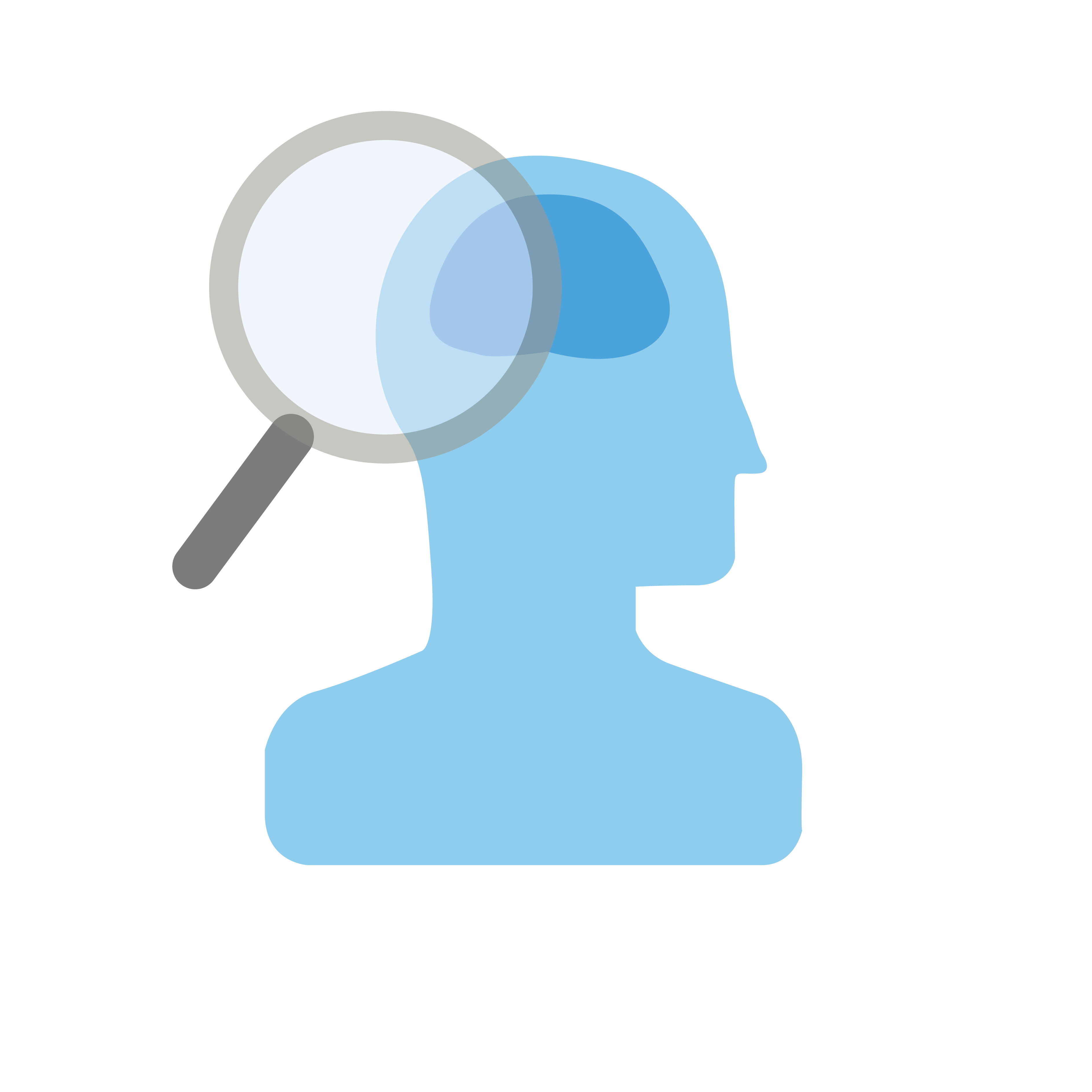 Icon of a magnifying glass next to an icon of a person's head, Neurological Exam 